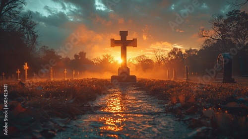 Haunted graveyard with a decrepit mausoleum, overgrown tombstones, and a chilling mist hovering above the ground