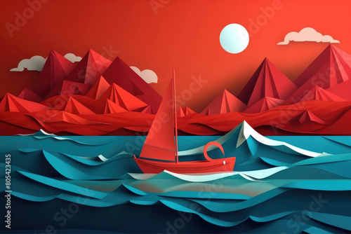 A red boat drifts on the calm surface of the water