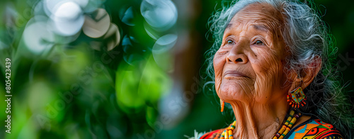 Yanomami old woman wearing a colorful costume typical of the Amazon region  photo