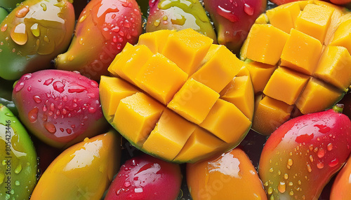 Flat lay of mango fruit texture with slice, Top view of fruits concept background