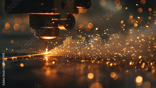 A machine is cutting metal with sparks flying