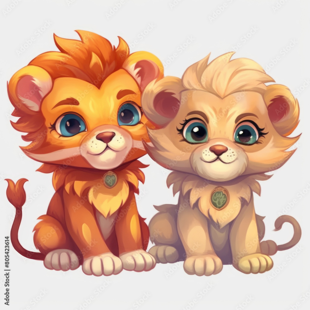 Fototapeta premium A lion and a lion cub are seated side by side, displaying their bond in the wild
