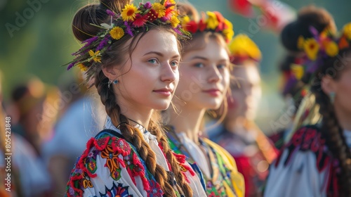 Serene young girl in traditional Ukrainian costume with a hand-embroidered blouse and flower crown