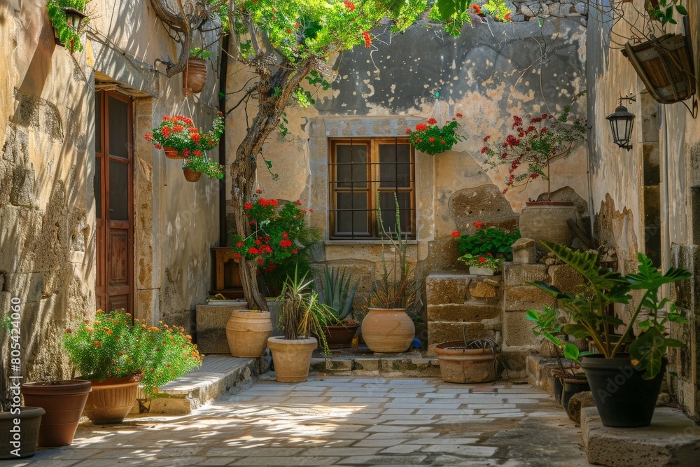 Traditional Greek White Houses with Colorful Doors in Megalochori Village - Santorini Island, Greece. Beautiful simple AI generated image in 4K, unique.