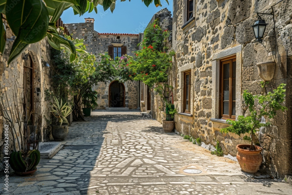 Fototapeta premium Corfu town, Corfu island, Greece- view above the shops and public buildings on the towns main high street.. Beautiful simple AI generated image in 4K, unique.