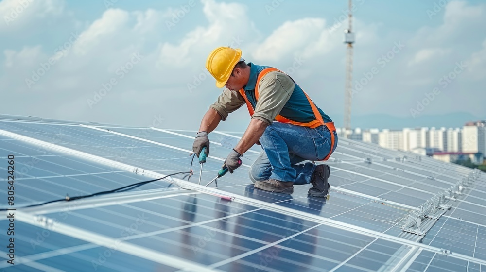 custom made wallpaper toronto digitalAn Engineer's Skilled Installation of Solar Panels with a Drill, Supporting Green Energy in a Residential Area