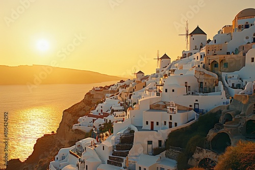 Traditional Greek White Houses with Colorful Doors in Megalochori Village - Santorini Island, Greece. Beautiful simple AI generated image in 4K, unique.
