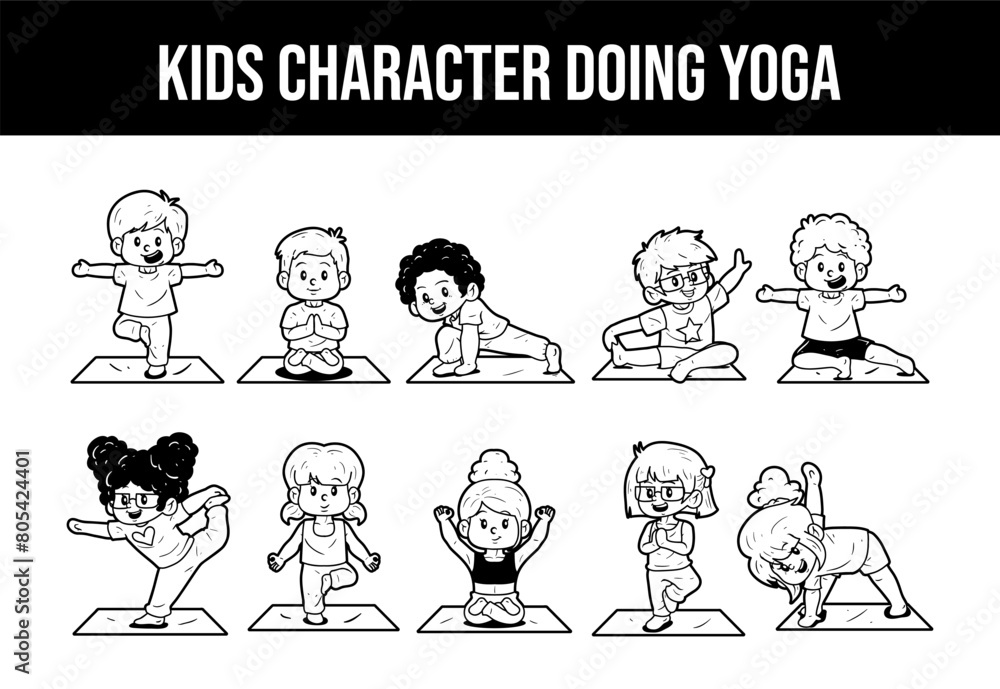 Kids character doing yoga vector outline illustration set Kids character doing yoga vector outline illustration set