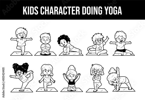 Kids character doing yoga vector outline illustration set © Supersubstd