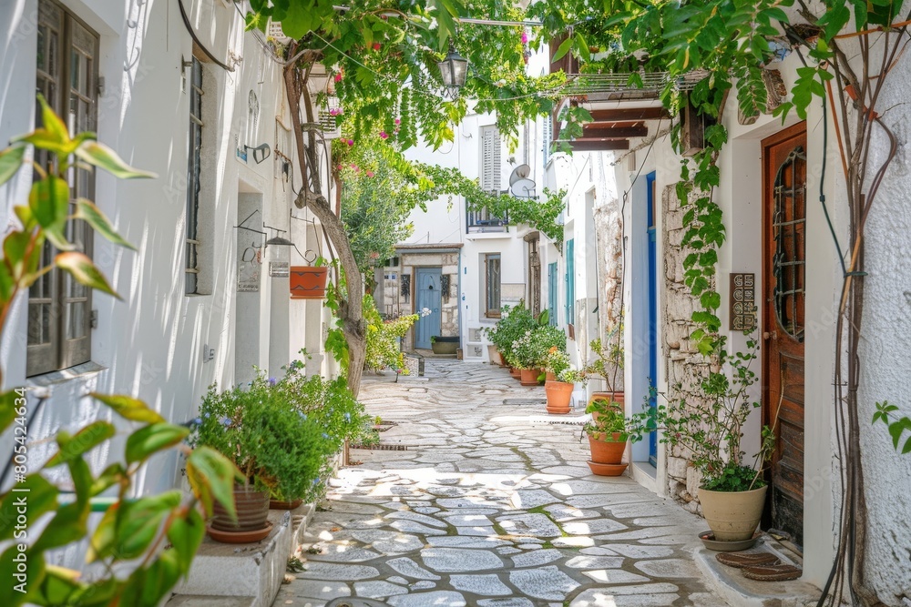Fototapeta premium Traditional Greek White Houses with Colorful Doors in Megalochori Village - Santorini Island, Greece. Beautiful simple AI generated image in 4K, unique.