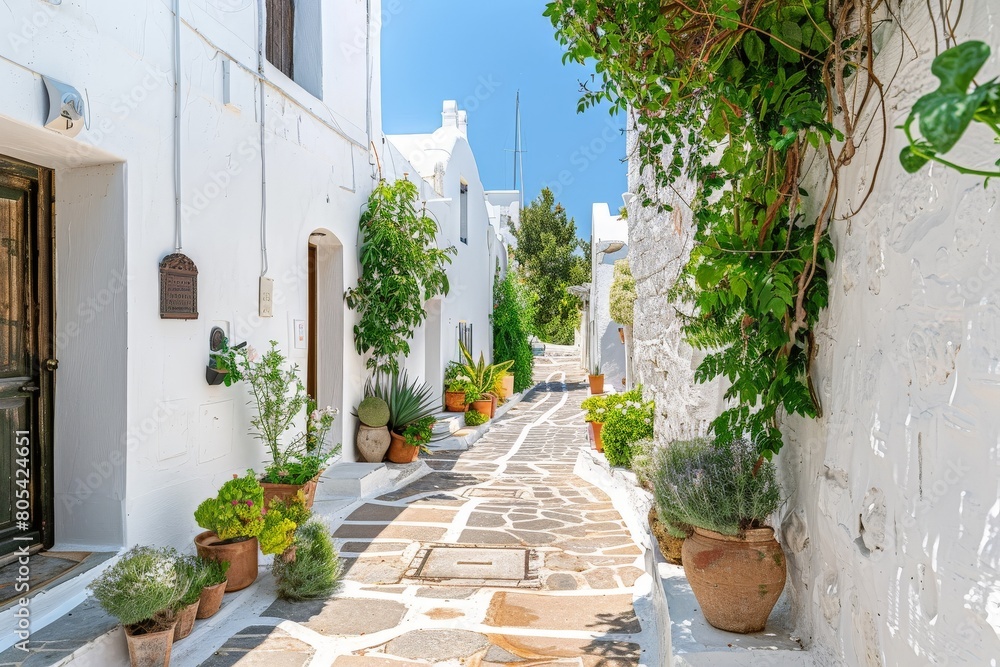 Traditional Greek White Houses with Colorful Doors in Megalochori Village - Santorini Island, Greece. Beautiful simple AI generated image in 4K, unique.