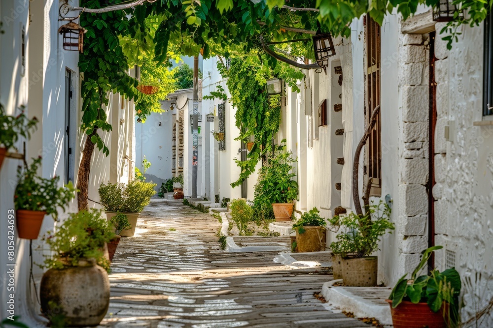 Obraz premium Traditional Greek White Houses with Colorful Doors in Megalochori Village - Santorini Island, Greece. Beautiful simple AI generated image in 4K, unique.