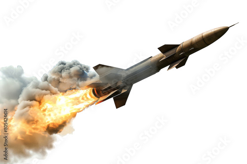 Hypersonic ballistic missile with flame on the tail on a transparent background