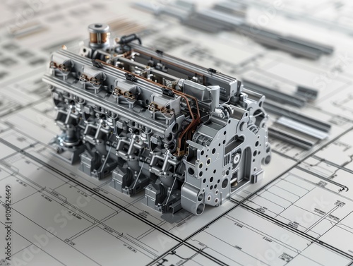 Engine 3D model superimposed on detailed schematics, highlighting the integration of design and engineering, close-up photo
