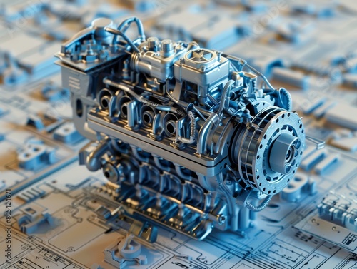 Engine 3D model superimposed on detailed schematics, highlighting the integration of design and engineering, close-up photo