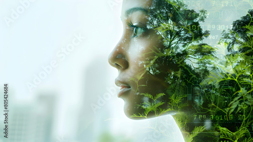 Profitable Sustainability in Business: Double Exposure of Women with Green Ledger A Card © Gohgah