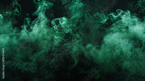 Intense, dark green smoke billowing out against a black backdrop, suggesting the mysterious depths of a dense forest.