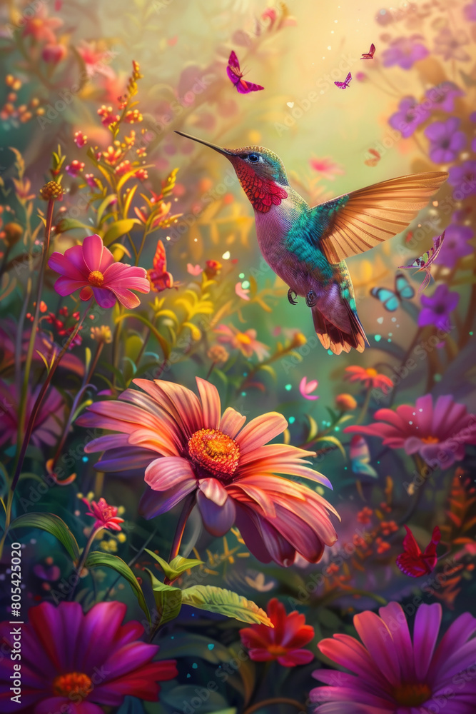 A painting depicting a hummingbird gracefully in flight above a vibrant field of colorful flowers A painting depicting a hummingbird gracefully in flight above a vibrant field of colorful flowers