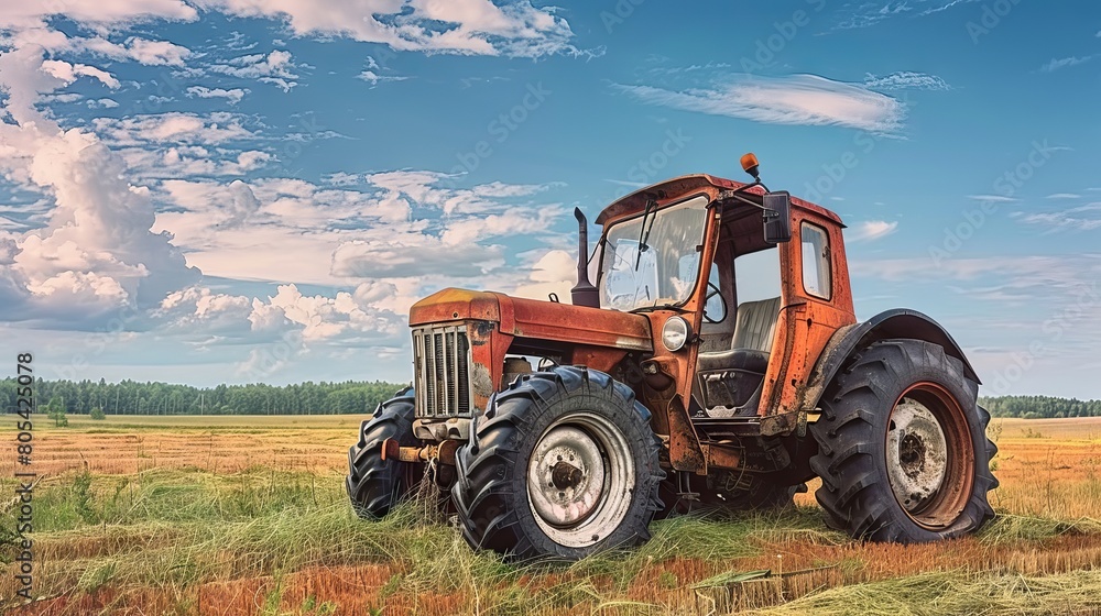 An Old Tractor Fertilizing the Fields Beneath the Sunny Blue Sky An Old Tractor Fertilizing the Fields Beneath the Sunny Blue Sky