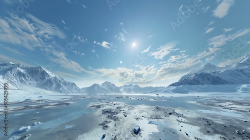 Virtual reality arctic landscape with icy tundras and snow-capped mountains, a polar expedition. © Ahmad