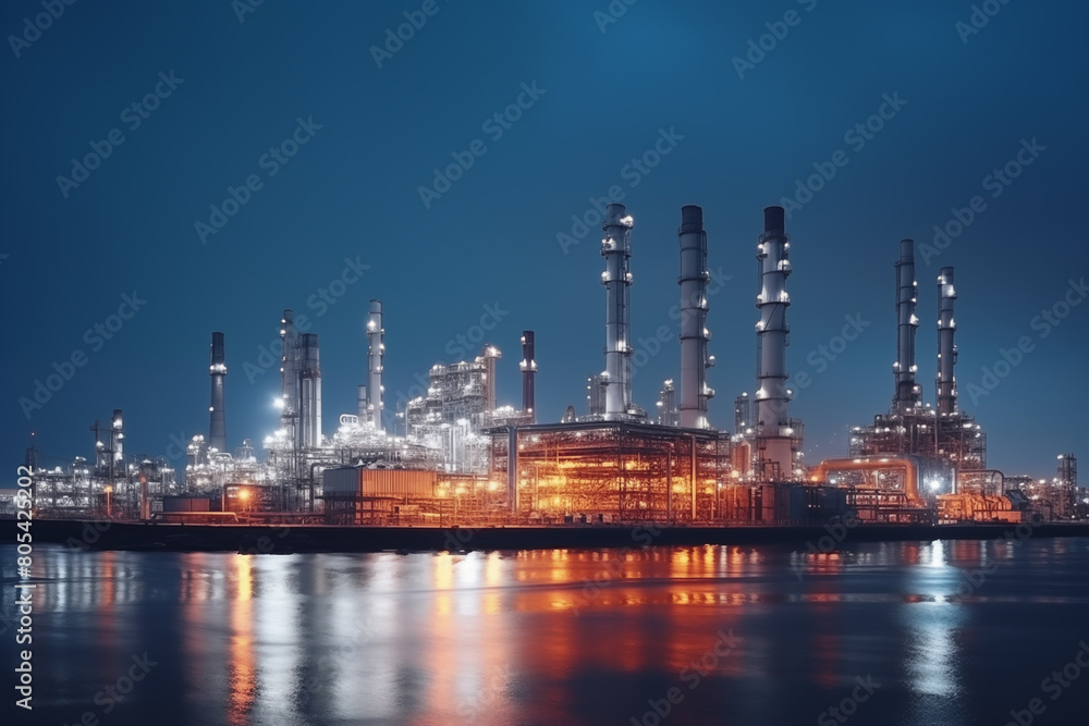 Oil factory at night with reflection in the river
