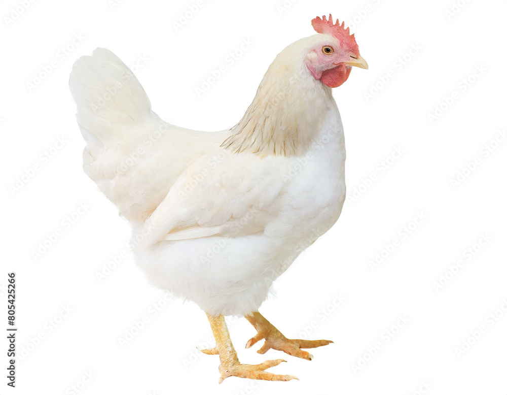 Fototapeta premium Weißes Huhn auf zwei beinen isoliert auf weißen Hintergrund, Freisteller 