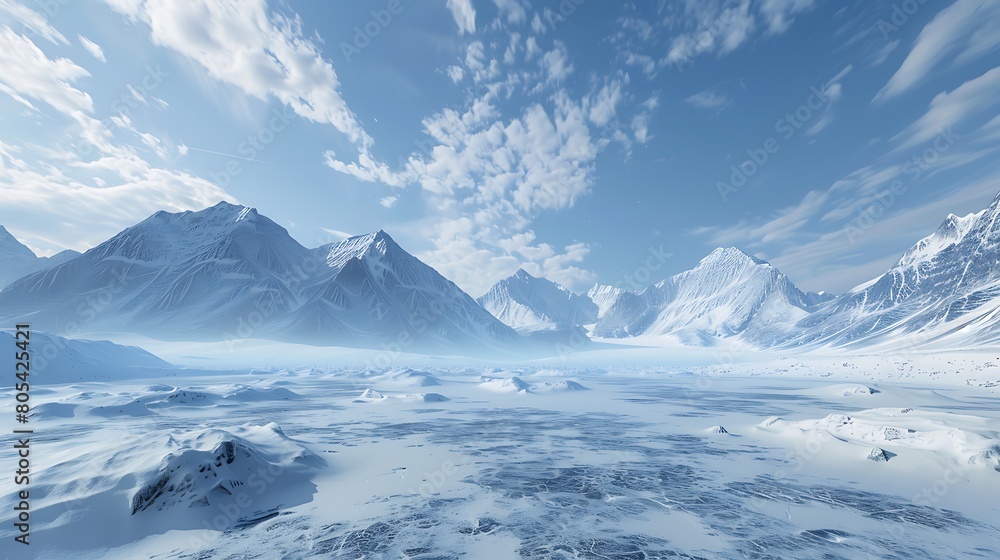 Virtual reality arctic landscape with icy tundras and snow-capped mountains, a polar expedition.
