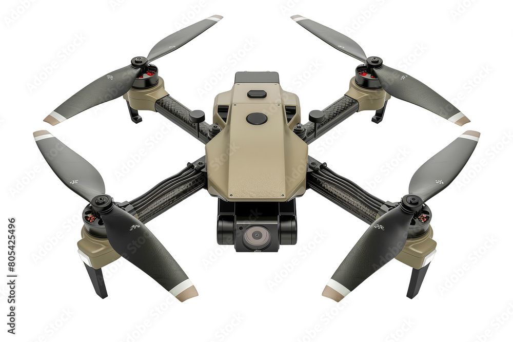 Quadcopter in khaki color, close-up, on a transparent background Quadcopter in khaki color, close-up, on a transparent background