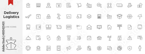 Delivery logistics and supply chain line icons set.  Containing distribution, value chain, shipping, transportation, delivery, cargo, freight, route planning, and supply chain icons collection.