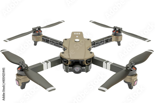 Military quadcopter in khaki color, close-up, on a transparent background