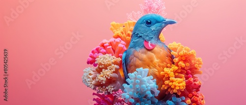 Images of strangely colored bird and colorful corals that seem unlikely to be together. on a pink background. Generative AI photo