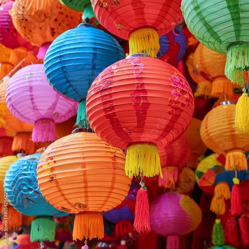 Chinese new year lanterns. Cute decoration. High quality. A colorful display of paper lanterns. Lunar New Year. High resolution. Graphic Resources