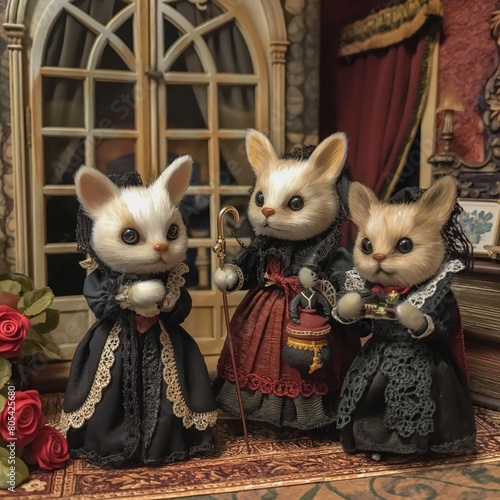 Tres lindas gatitas de peluche, vestidas de una forma muy victoriana