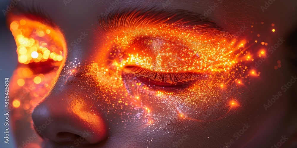 Dynamic close-up of female eyes with vibrant orange, red, and gold glitter makeup, radiating warmth and energy. Dynamic close-up of female eyes with vibrant orange, red, and gold glitter makeup, radiating warmth and energy.