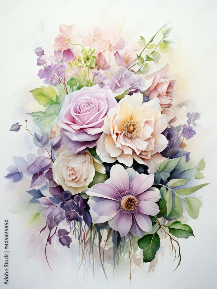 Delicate watercolor of a bright and bold wedding bouquet, roses and clematis in gentle pastels on a pristine white canvas ,  watercolor painting
