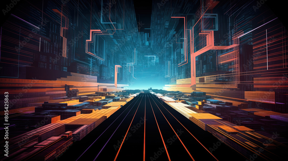 Road to horizon in synthwave style. 80s styled purple and blue synthwave highway landscape. Road to horizon in synthwave style. 80s styled purple and blue synthwave highway landscape.
