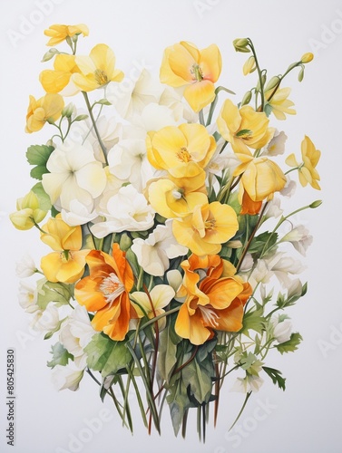 Delicate watercolor depiction of Daffodils and Sweet Peas, graceful petals and green leaves, evoking happiness on a white canvas , watercolor painting