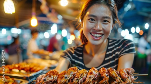 Poeple travel and eating street food concept. Happy young adult asian foodie woman holding spicy grilled squid at southeast asia Chinatown market