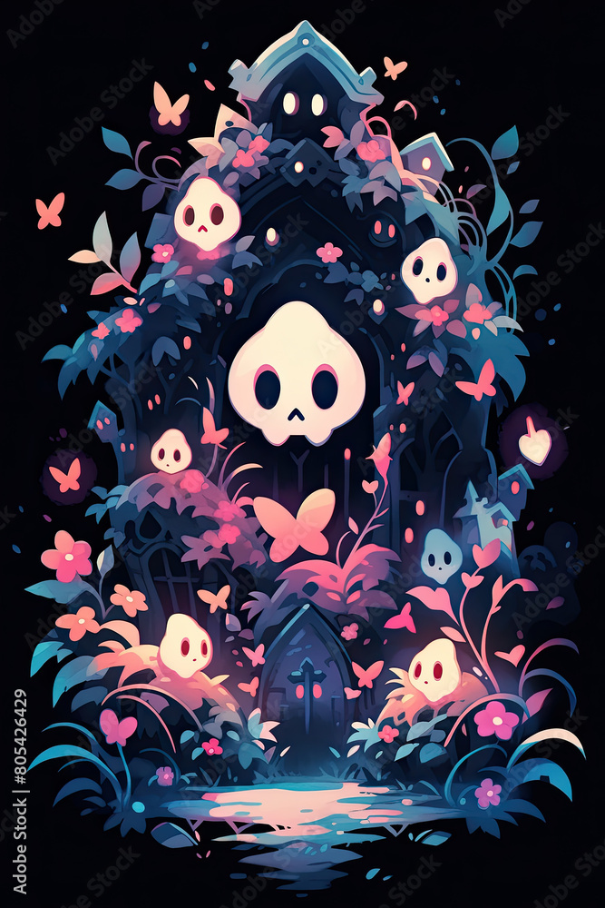 A painting featuring a skull at the center, adorned by colorful flowers and fluttering butterflies A painting featuring a skull at the center, adorned by colorful flowers and fluttering butterflies