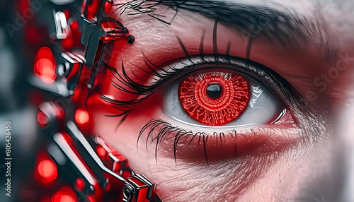 Robot woman red eyes with high level of detail. Deep look. Watching Serious. Realistic image. Graphic resource. Futuristic. Representative. Epic frame. photo