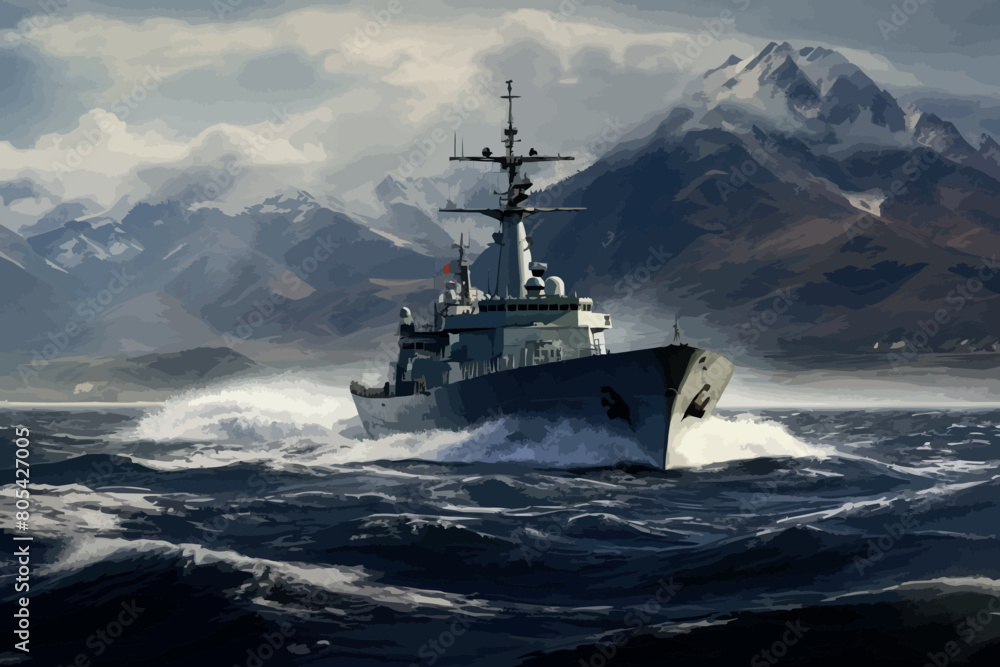 Warship in the stormy sea. 3D illustration Warship in the stormy sea. 3D illustration