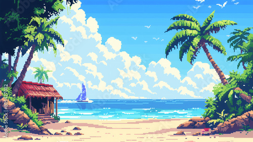 pixel art of sunny beach dungeon background battle scene in RPG old school retro 16 bits, 32 bits game style photo