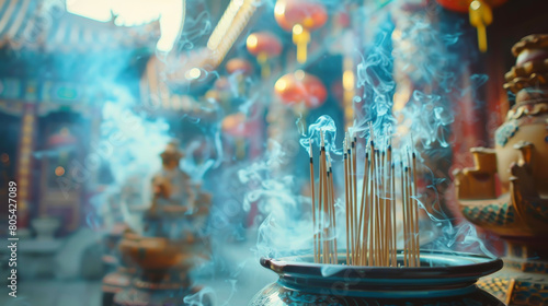 This atmospheric image captures incense sticks burning in a temple, with thick, aromatic smoke swirling around