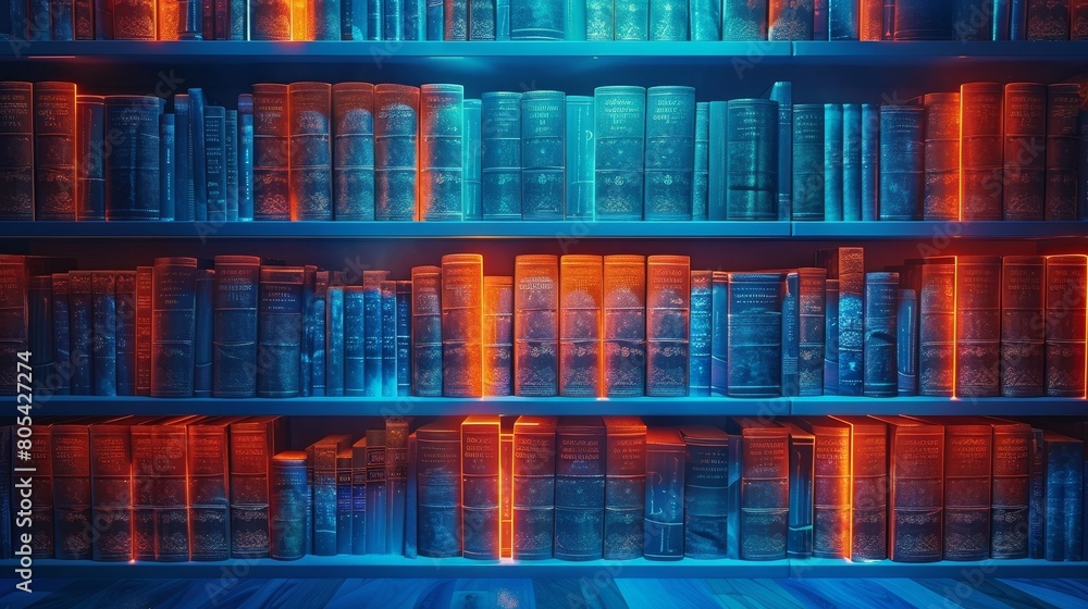 Dramatic display of classic books under neon blue and orange lights, enhancing a modern library ambiance. Dramatic display of classic books under neon blue and orange lights, enhancing a modern library ambiance.