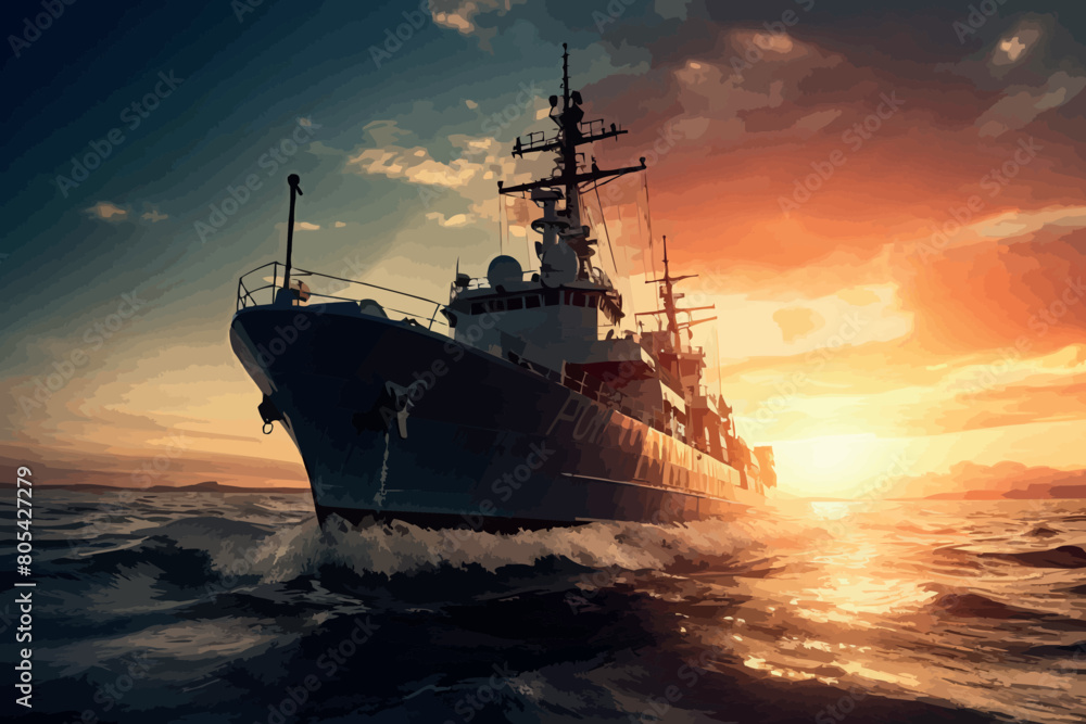 Warship in the stormy sea. 3D illustration Warship in the stormy sea. 3D illustration