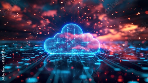 Cloud computing concept with digital light   cyber and furturistic Cloud Networking  Crypto  AI  Firewall Network Security  Artificial Intelligence  Cyber Security  Cloud Managed.