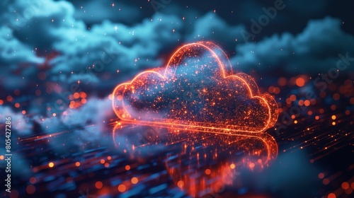 Cloud computing concept with digital light , cyber and furturistic Cloud Networking, Crypto, AI, Firewall Network Security, Artificial Intelligence, Cyber Security, Cloud Managed.