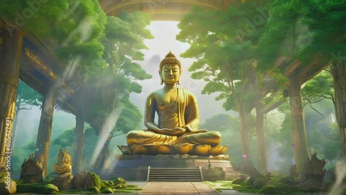 a giant golden Buddha statue in a holy temple in the middle of a forest that has just been revealed photo