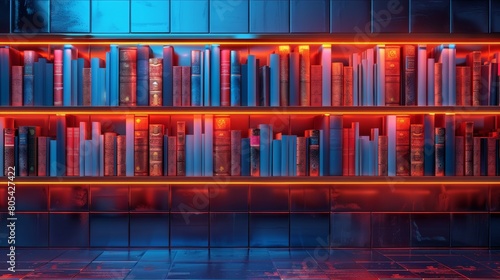 Close up of bookshelfs, thick book on it with glow highlights, against a blue-black tiled background photo