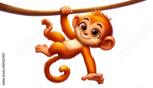 3d Illustration of a playful orange monkey hanging from a branch, 3D rendering of a cheerful monkey in a dynamic pose, Cartoon monkey swinging from a tree branch